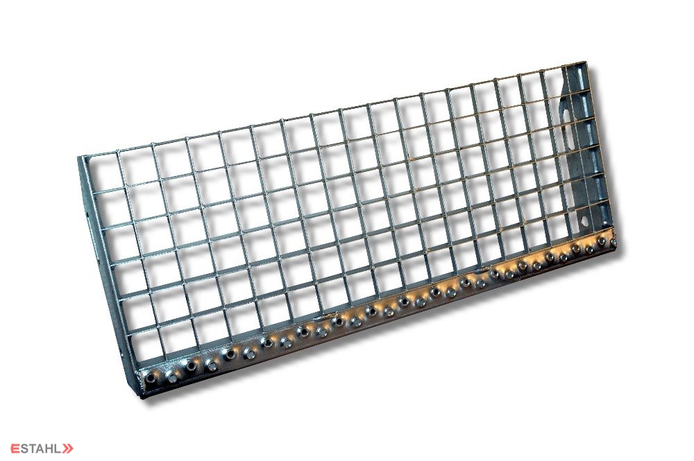 grating stair tread, hot-dip galvanized with non-slip safety-access edge  and side screw-on plates. Ready to deliver.